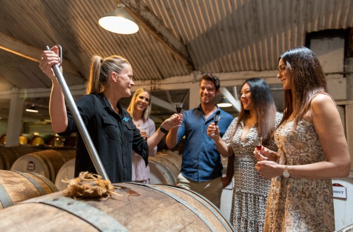 A group of people participating in a wine tasting experience at Seppeltsfield
