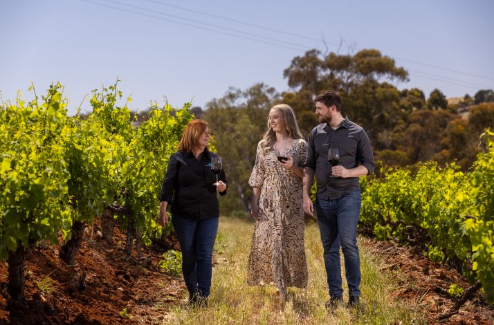 A couple receiving a guided walk between Wines at Seppeltsfield