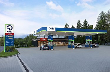 OMV petrol station during daylight, in addition to the VIVA gastro area for food purchases