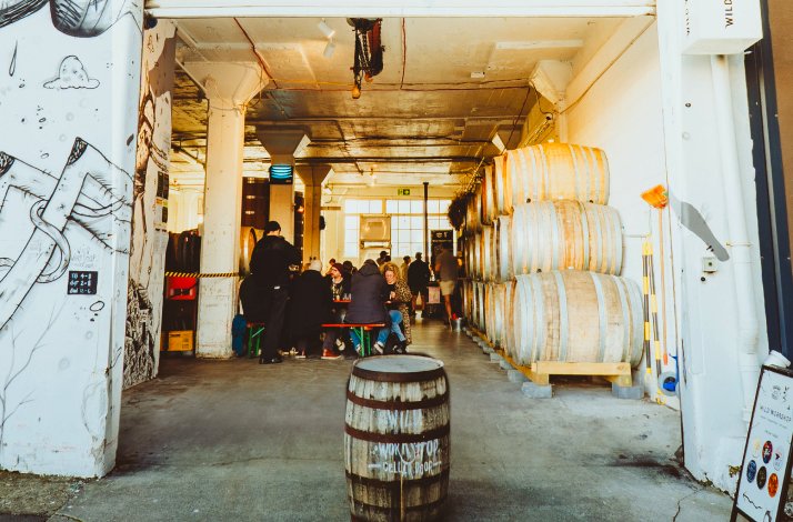 A barrel in the center of Garage Project Wild Workshop.