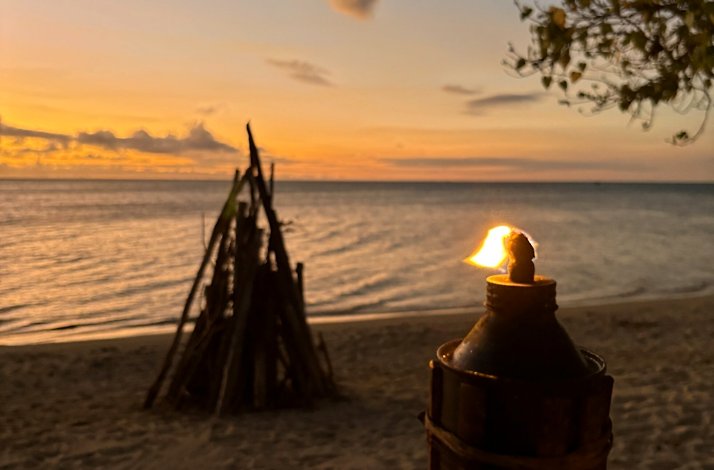 Yet-to-be-lit bonfire on a beach at Île aux Bénitiers, Mauritius.