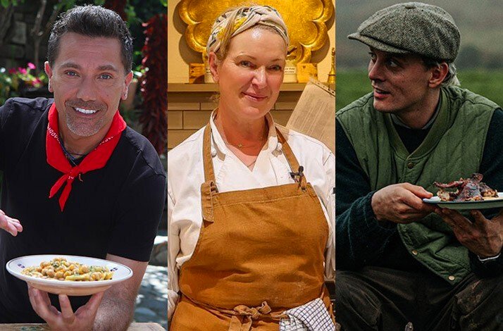 Celebrity chefs Gino D'Acampo, Rachel Allen, and Thomas Straker side by side.