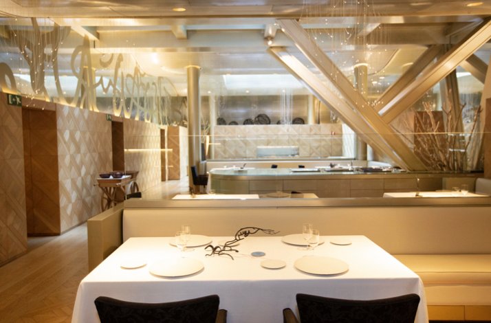 Dining area at Lasarte Restaurant, Barcelona, Spain.