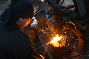 Sword forging demonstration at Hirata Sword Smith in Japan.
