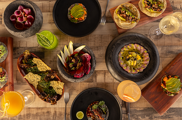 Arrangement of various dishes and beverages on a rustic wooden table at Hotel El Ganzo
