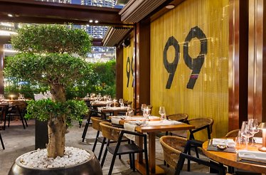 The elegant, japanese-themed furniture and seatings at 99 Sushi Bar Dubai.