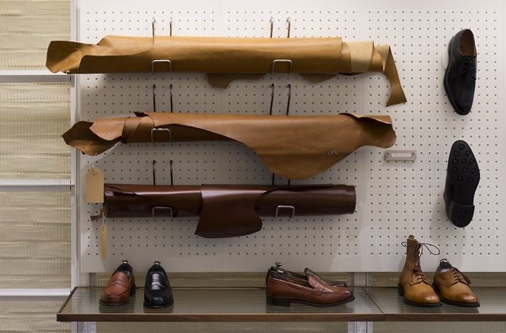  A shoe rack displaying a variety of shoes, including sneakers, sandals, and formal footwear, organized neatly.