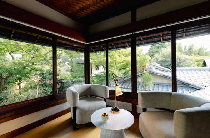 Room with spacious windows in restored 120-year-old villa in Kyoto’s Higashiyama district.