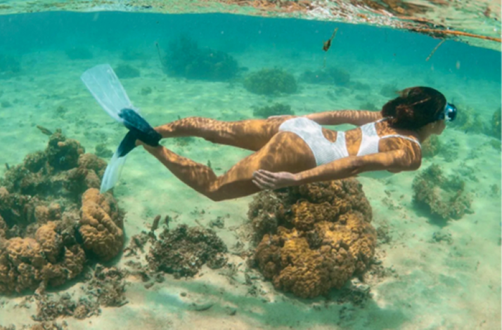 A woman swimming underwater at Mauritius 