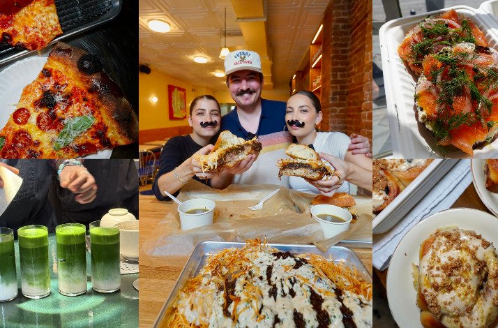 A collage of various NYC snacks and drinks. In the middle a photo of Sistersnacking sisters showcasing NYC sandwiches on camera. 