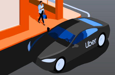 Illustration shows a woman approaching a black Uber vehicle near an orange-colored building.