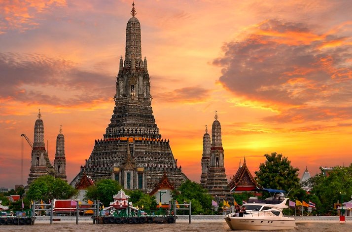 Wat Arun, a famous Buddhist temple located on the west bank of the Chao Phraya River in Bangkok.