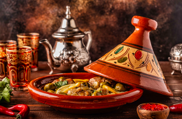 A view of the traditional Moroccan tagine is a North African dish and cooking vessel.