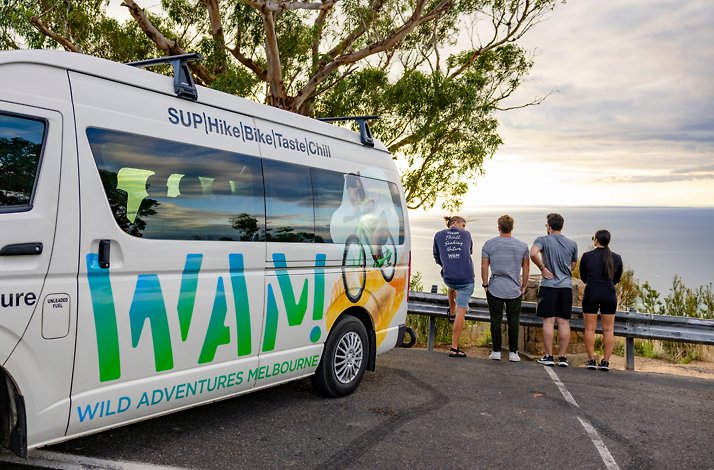 Wild Adventures Melbourne van parked at a scenic lookout as a group enjoys the ocean view at the Mornington Peninsula, Australia.