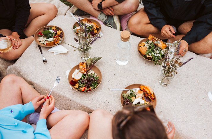 Outdoor picnic with gourmet plates, fresh salads, and drinks.