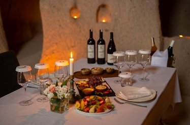 A table served for a guided wine tasting for two at Taskonaklar Hotel Cappadocia.