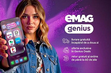Promotional poster for Emag with a woman holding a phone.