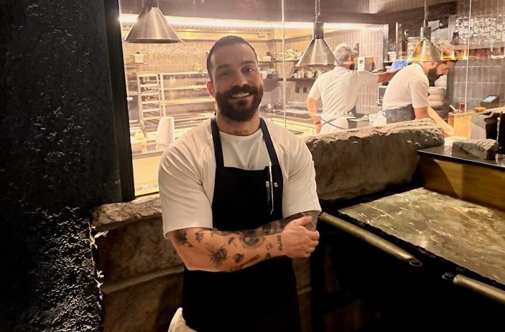 A Michelin-starred chef Yannis Kaldis in the restaurant's kitchen ready for a tailor-made food and cocktail pairing dinner.