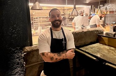 A Michelin-starred chef Yannis Kaldis in the restaurant's kitchen ready for a tailor-made food and cocktail pairing dinner.