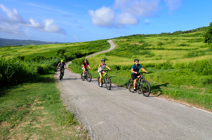 Four cyclists ride along a winding road through a lush green landscape under a bright blue sky in Barbados