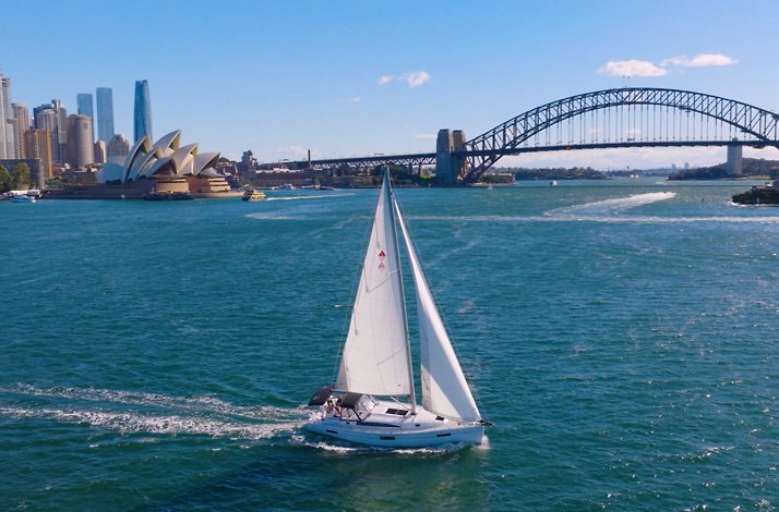 Aerial view of a private yacht sailing across Sydney Harbour.