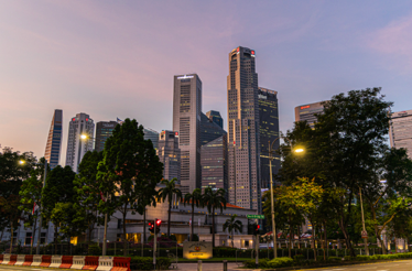 Modern city skyline at dusk in Singapore