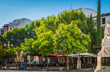 Plaza de Santa Ana in Madrid with green trees, outdoor cafes, and the Pedro Calderón de la Barca statue.