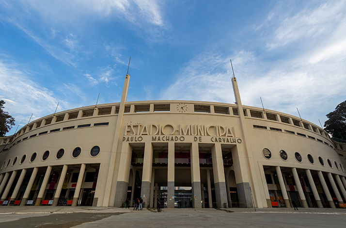 Front entrance of the Estádio Municipal Paulo Machado de Carvalho, commonly known as the Pacaembu Stadium.