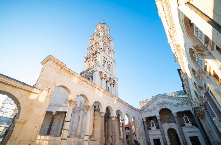 Peristyle courtyard and the Cathedral of Saint Domnius bell tower within Diocletian's Palace in Split