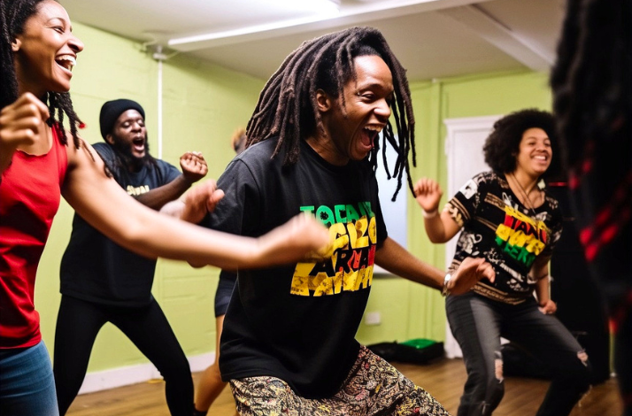 A diverse group of people joyfully dancing together in a bright dance studio.