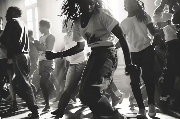  A lively group of people dancing together in a brightly lit room, enjoying the music and each other's company.