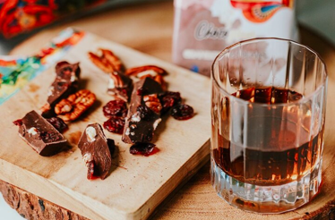 Dark Aruban rum and a chocolate slab with pecans and dried cranberries.