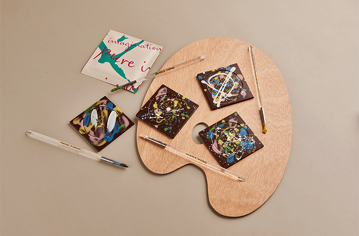 The chocolate bars being decorated  on a Janice Wong Pure Imagination Chocolate Painting Workshop. 