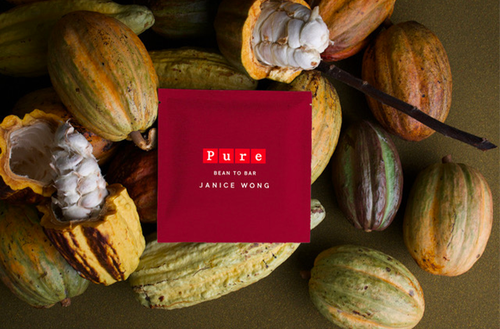 Red chocolate bar wrapper displayed on cacao pods.