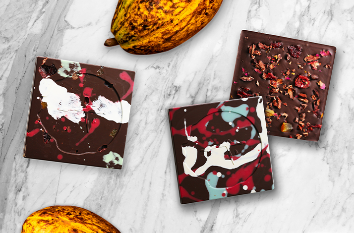 Artisan dark chocolate bars, some featuring a unique 