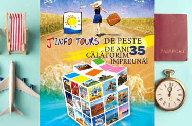 J'Info Tours poster celebrating over 35 years of travel, featuring a suitcase, travel photo cube, and vacation icons.