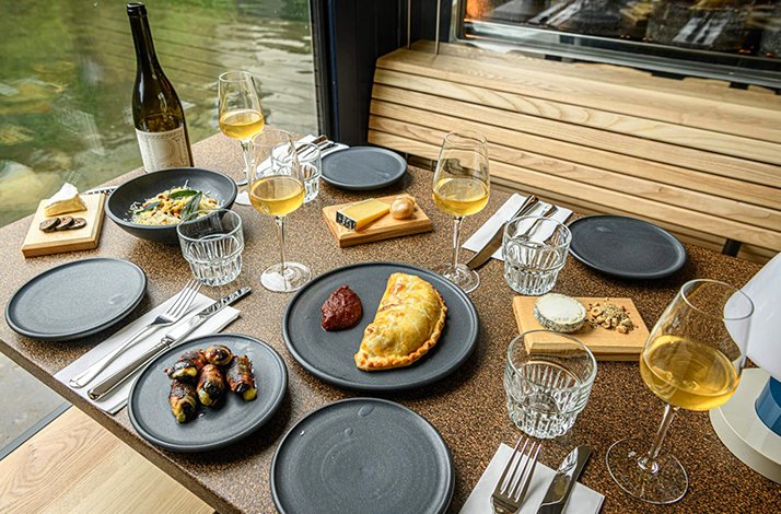 A meal serving at The Cheese Barge restaurant boat in London