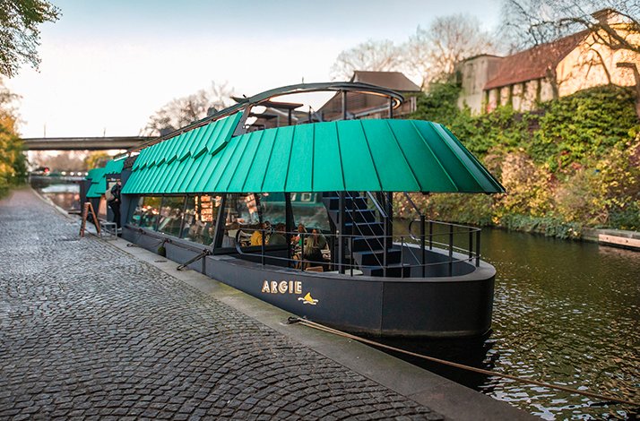 Outside of The cheese Barge restaurant in London 