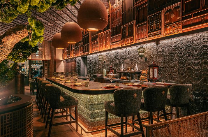 Interior of HANU, a contemporary Korean restaurant located at the St. Regis Gardens on Palm Jumeirah, Dubai.