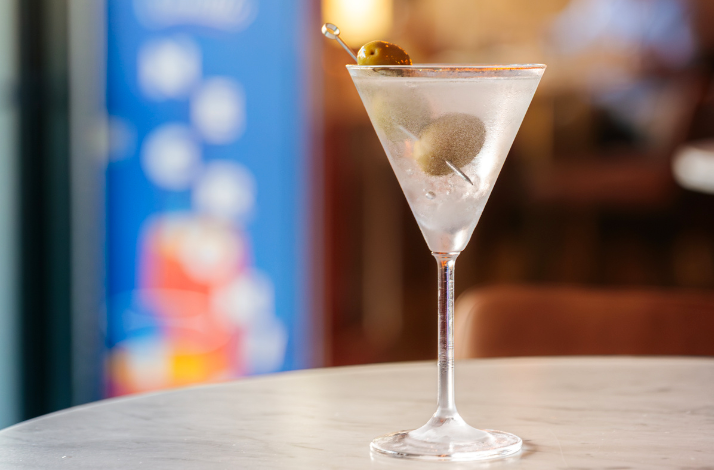 An Italian aperitivo cocktail served with olives prepared at Dante bar in New York.