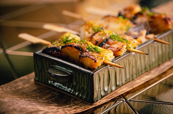Chilean seabass anticuchos on skewers served at Sushisamba Dubai restaurant, Dubai, UAE.