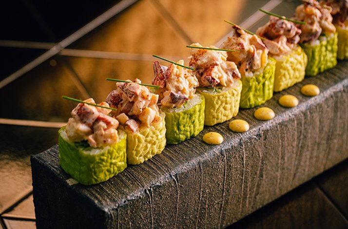 A close-up of sushi rolls served at Sushisamba Dubai restaurant, Dubai, UAE.