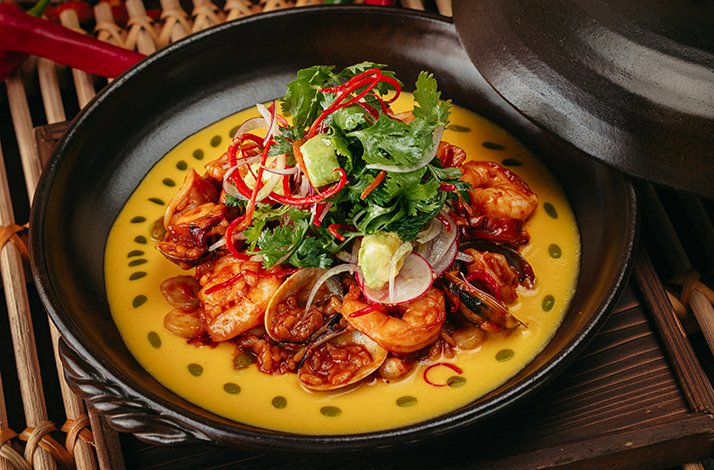 Seafood cazuela served at Sushisamba Dubai restaurant, Dubai, UAE.