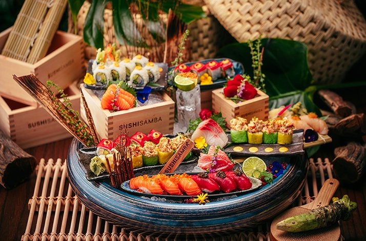 Assorted sushi and sashimi platter with vibrant garnishes at SUSHISAMBA Abu Dhabi.