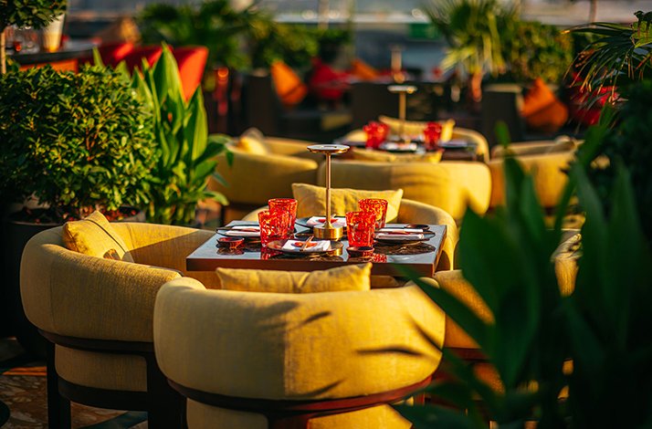 Outdoor dining area with cozy yellow chairs and lush plants.