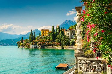 Lake Como view from a terrace with flowers