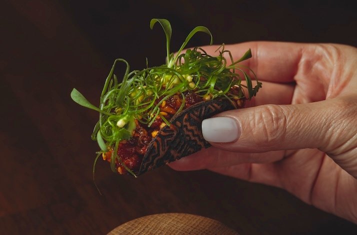 A modern, colorful taco/tostada creation.