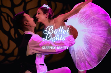 Two ballet dancers performing with overlay text 'Ballet of Lights. Sleeping Beauty'.