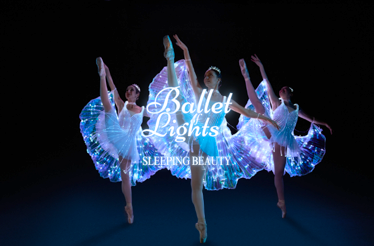 Three ballet dancers with overlay text 'Ballet of Lights. Sleeping Beauty'.