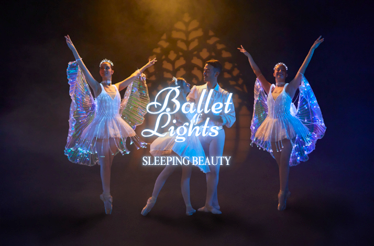 Four ballet dancers with overlay text 'Ballet of Lights. Sleeping Beauty'.
